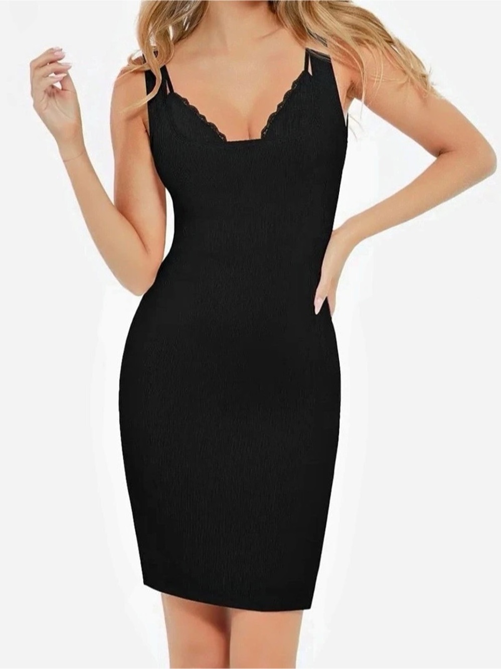 Popilush Shapewear Lace V Neck Side Slit Slimming Maxi Slip Dress Black Mini NWT